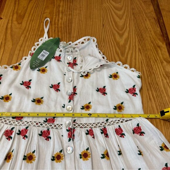 NWT Farm Rio White Linen Blend Mixed Cross Stitch Flowers Midi Dress M - Picture 11 of 16